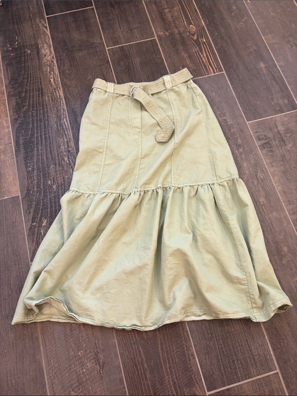 Sage Green Tiered Maxi Skirt with Self Tie Belt